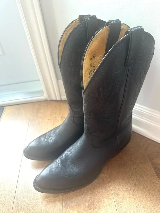 Men's Black Leather Western Cowboy Boots - Classic Pull-On Style - Picture 2 of 10